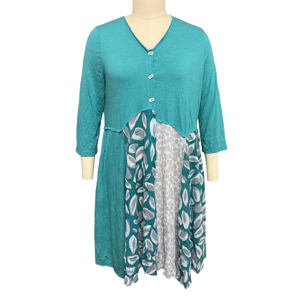 Chalet et Ceci Bamboo Tunic Dress L Teal Floral Patchwork Asymmetric Lagenlook